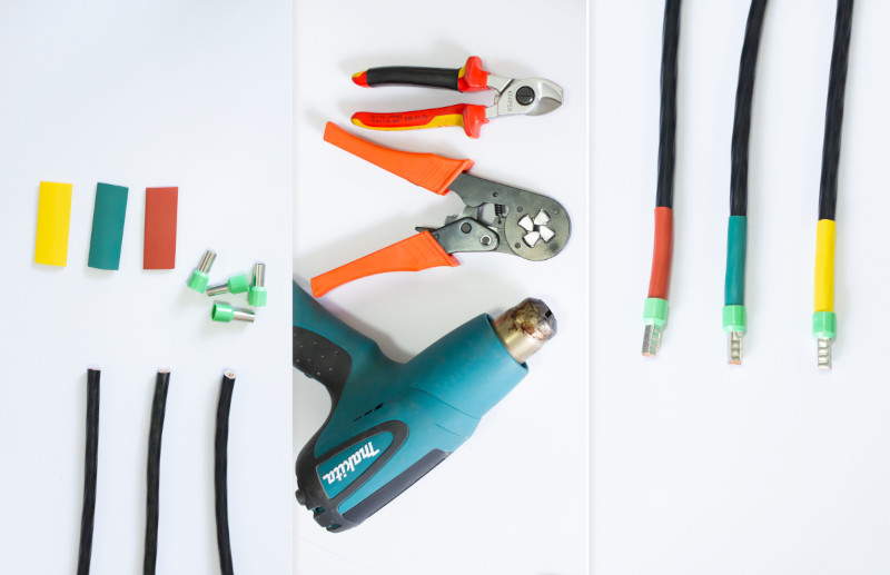 Этапы обжима наконечников НШВИ: подготовленные провода с наконечниками и термоусадкой, инструменты для обжима, готовые обжатые наконечники на проводах